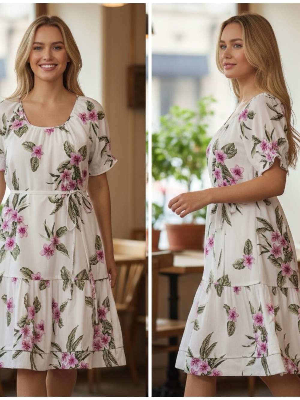 Lands end White Floral Tie-Waist Midi Dress - Pink & Green Print - Picture 2 of 5